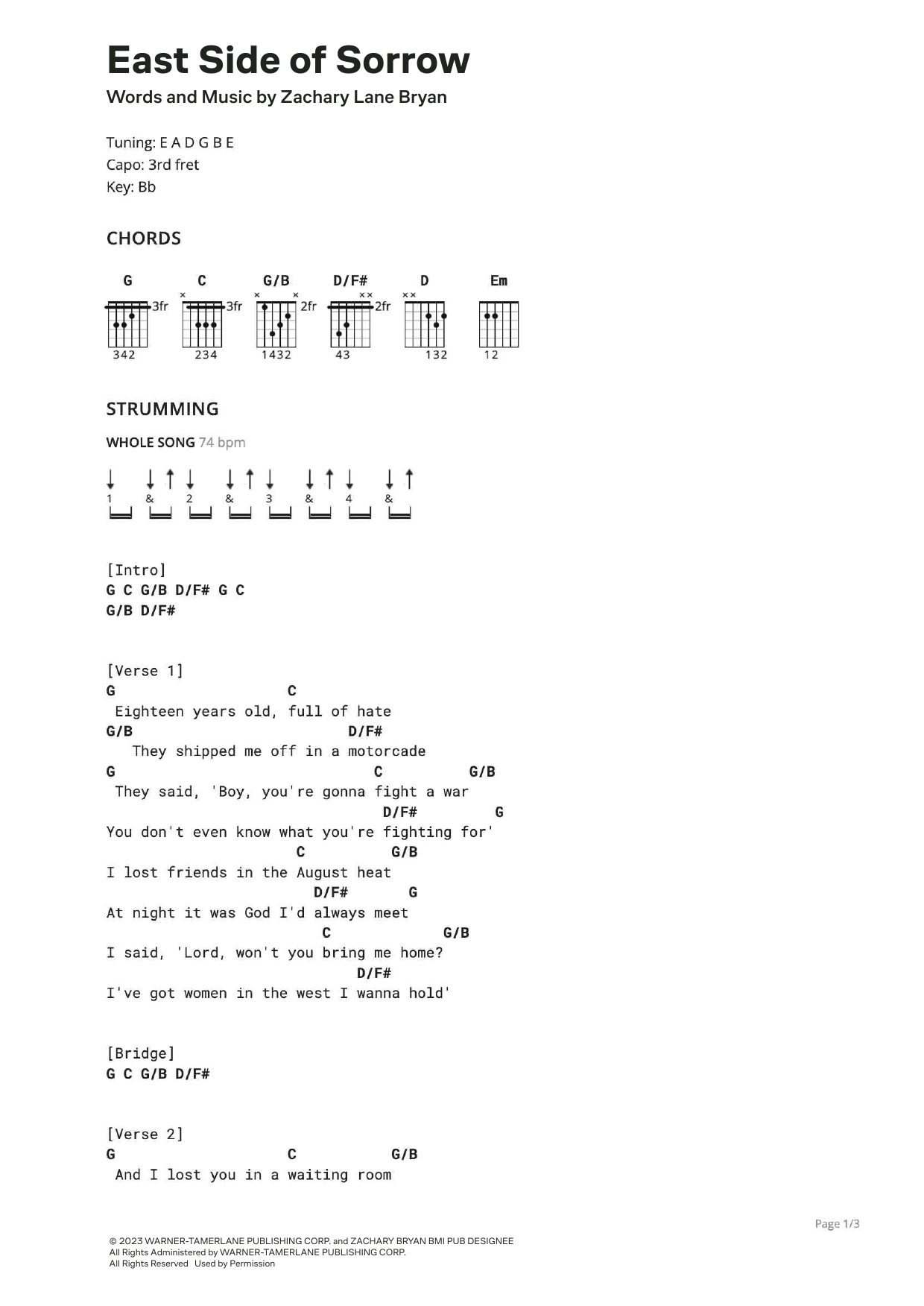 Zach Bryan East Side Of Sorrow sheet music notes and chords arranged for Ultimate Guitar