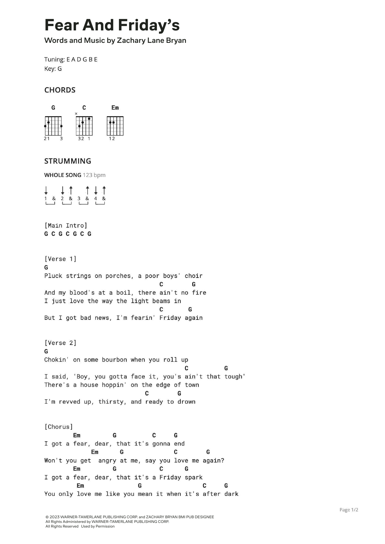 Zach Bryan Fear And Friday's sheet music notes and chords arranged for Ultimate Guitar