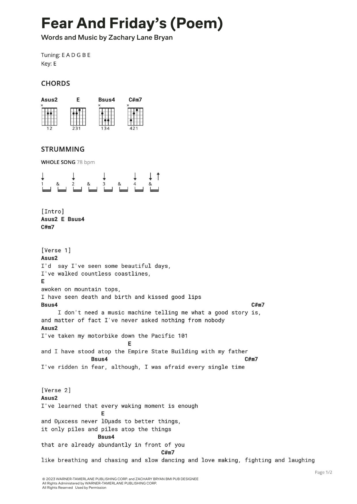 Zach Bryan Fear and Friday's (Poem) sheet music notes and chords arranged for Ultimate Guitar