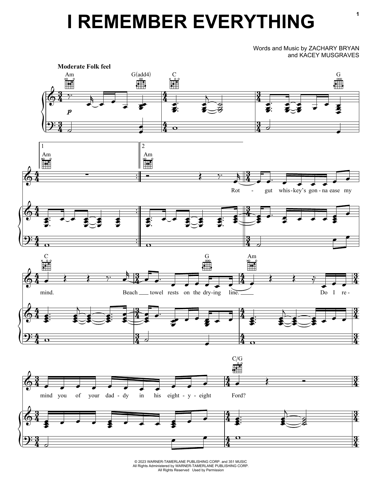 Zach Bryan feat. Kacey Musgraves I Remember Everything (feat. Kacey Musgraves) sheet music notes and chords arranged for Piano, Vocal & Guitar Chords (Right-Hand Melody)