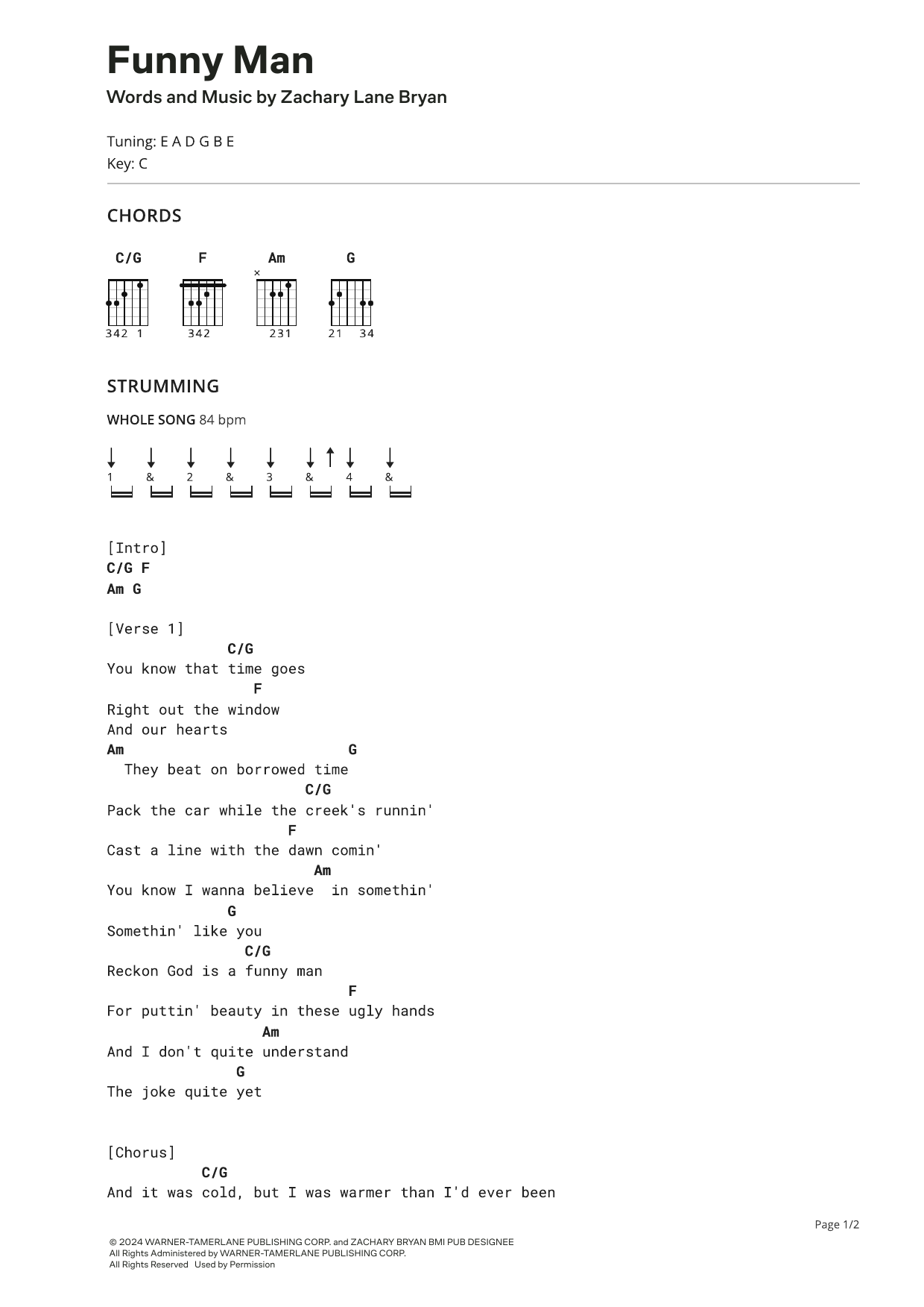 Zach Bryan Funny Man sheet music notes and chords arranged for Ultimate Guitar