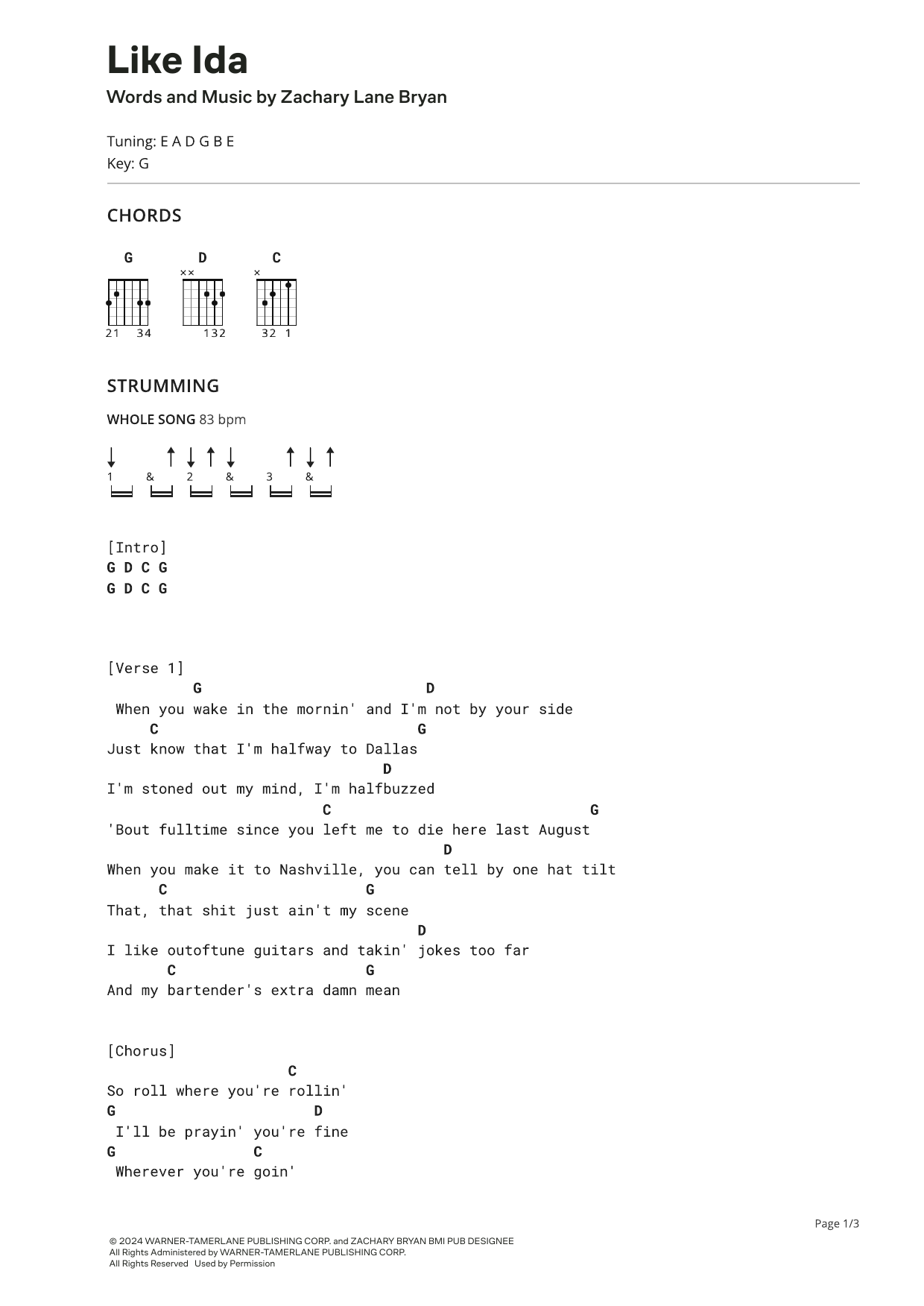 Zach Bryan Like Ida sheet music notes and chords arranged for Ultimate Guitar