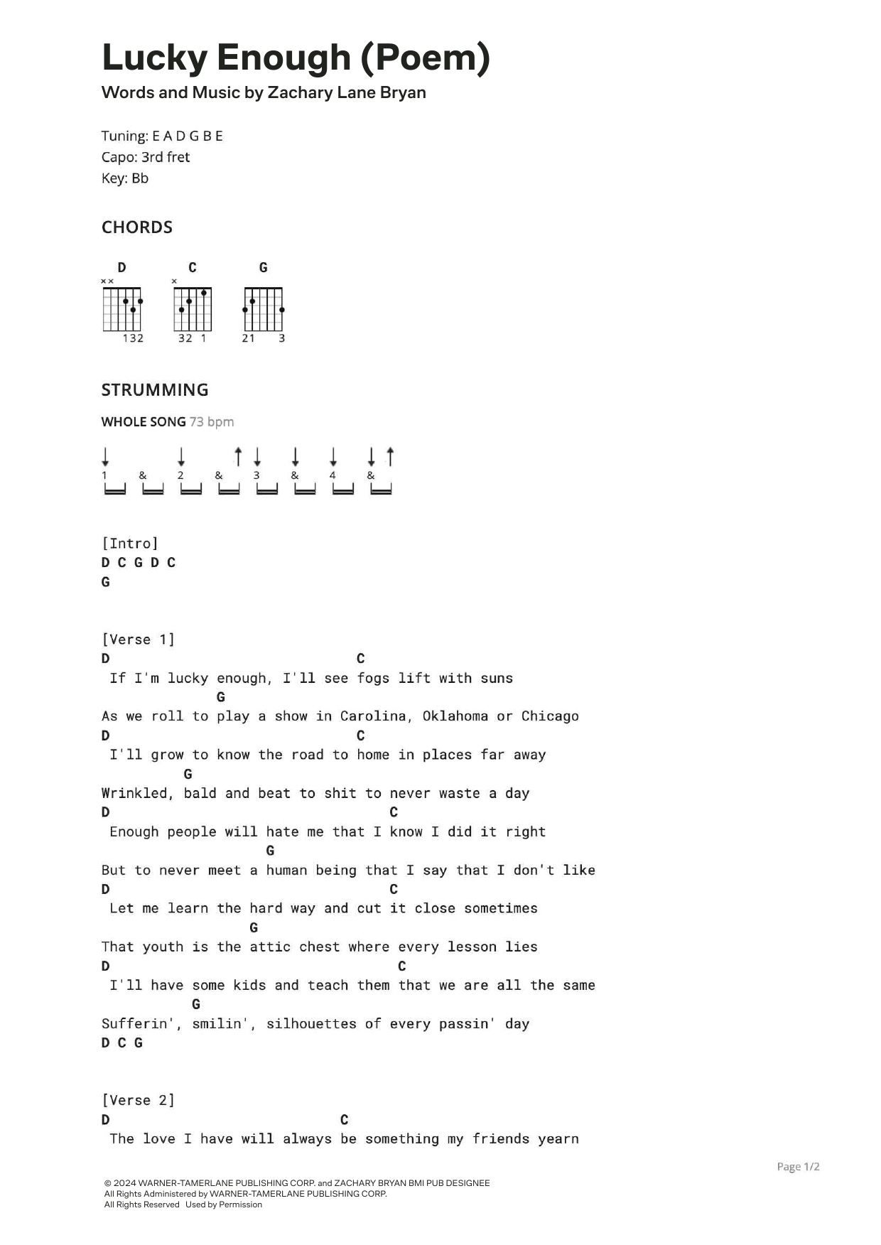 Zach Bryan Lucky Enough (Poem) sheet music notes and chords arranged for Ultimate Guitar