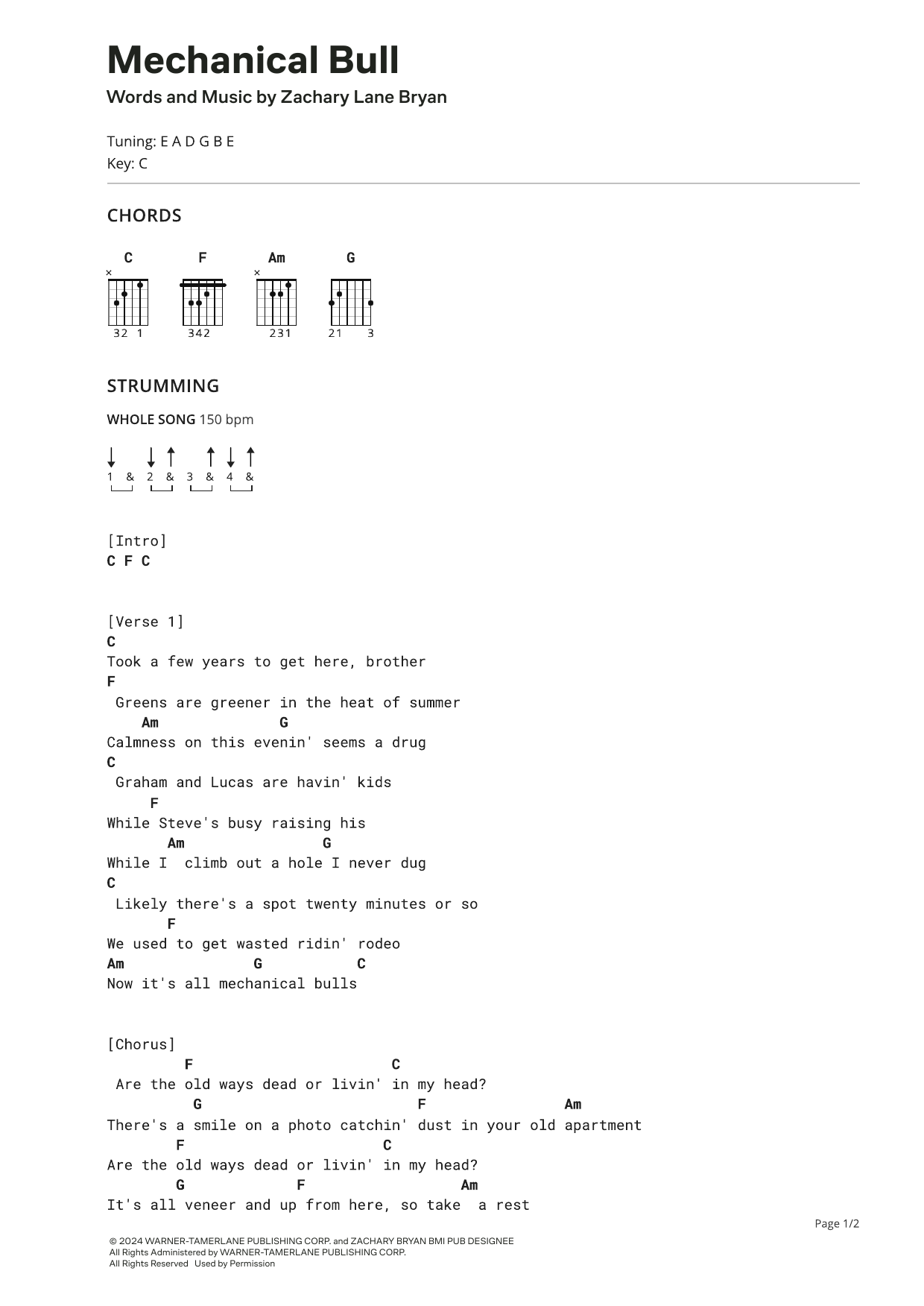 Zach Bryan Mechanical Bull sheet music notes and chords arranged for Ultimate Guitar