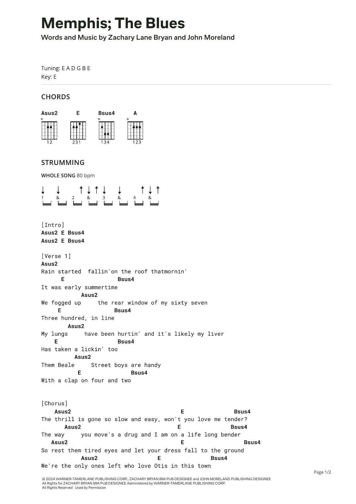 Zach Bryan Memphis; The Blues (feat. John Moreland) sheet music notes and chords arranged for Ultimate Guitar