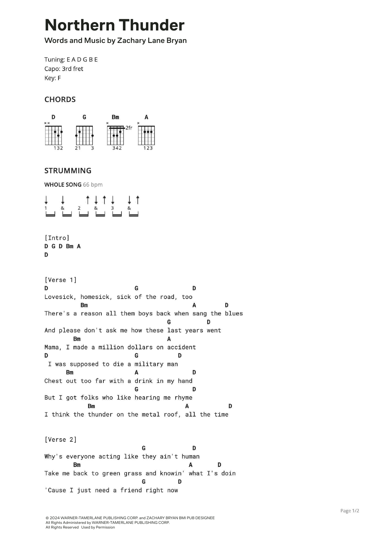 Zach Bryan Northern Thunder sheet music notes and chords arranged for Ultimate Guitar
