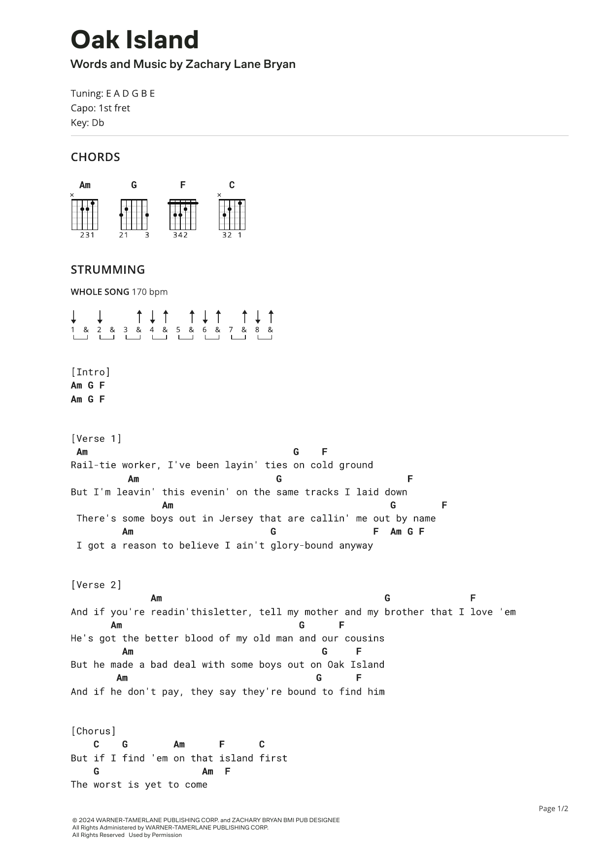 Zach Bryan Oak Island sheet music notes and chords arranged for Ultimate Guitar