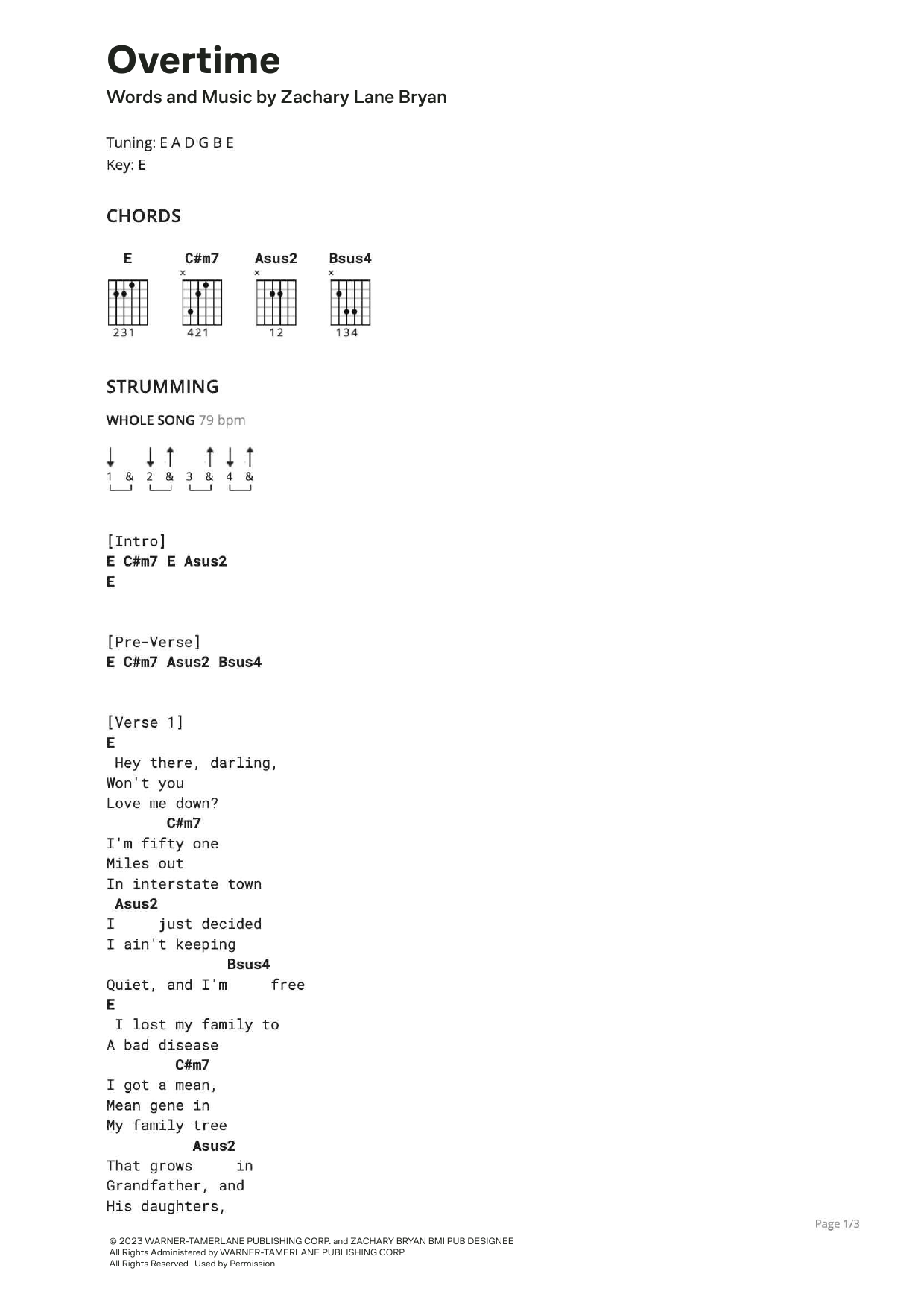 Zach Bryan Overtime sheet music notes and chords arranged for Ultimate Guitar