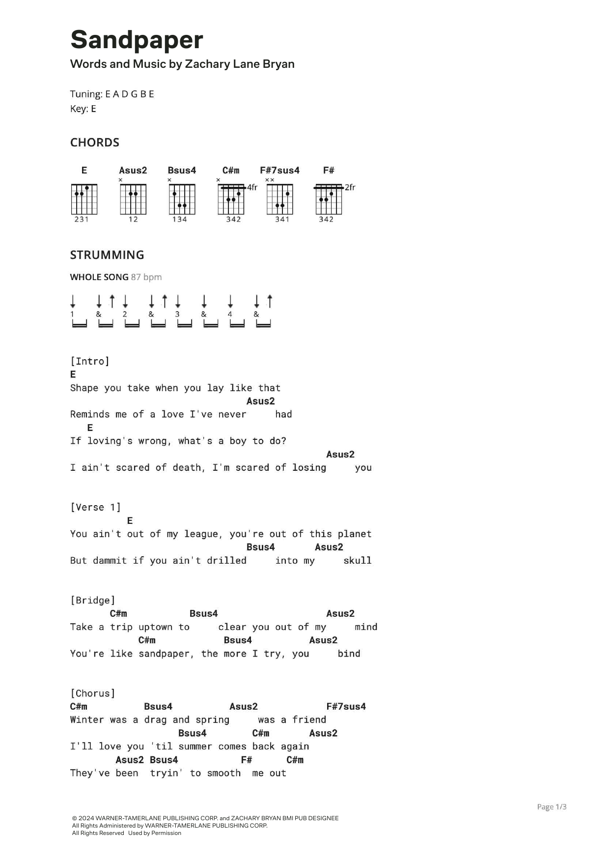Zach Bryan Sandpaper (feat. Bruce Springsteen) sheet music notes and chords arranged for Ultimate Guitar