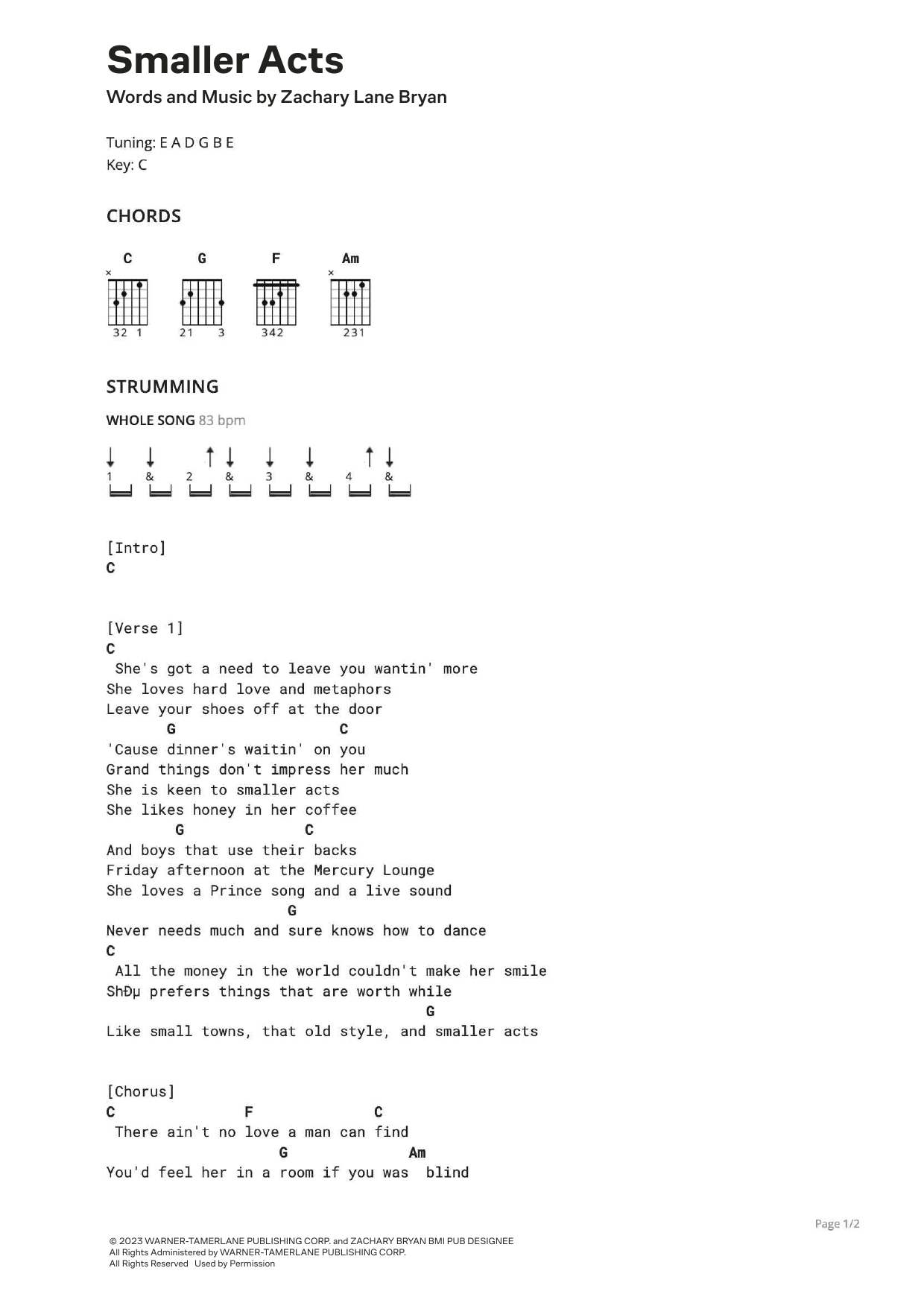 Zach Bryan Smaller Acts sheet music notes and chords arranged for Ultimate Guitar