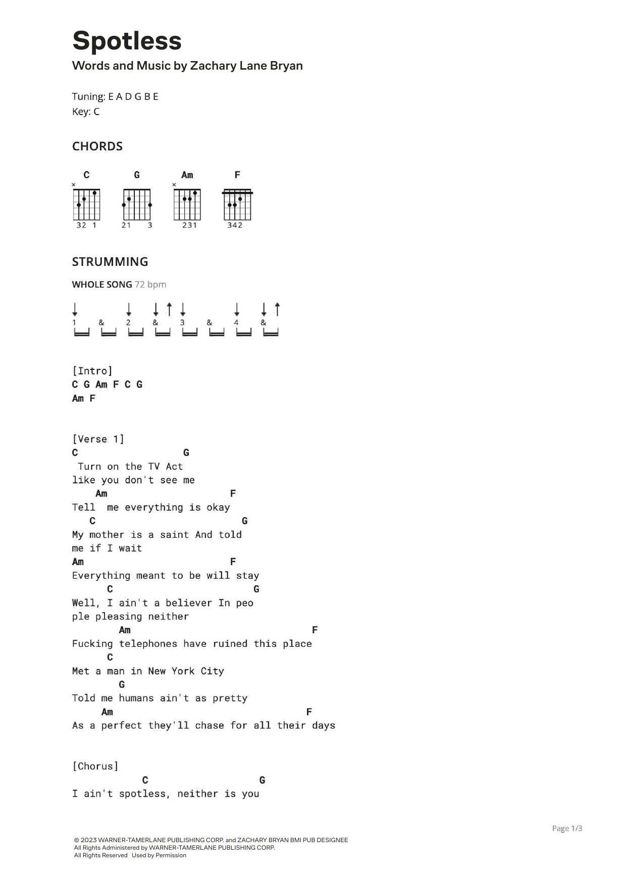 Zach Bryan Spotless (feat. The Lumineers) sheet music notes and chords arranged for Ultimate Guitar