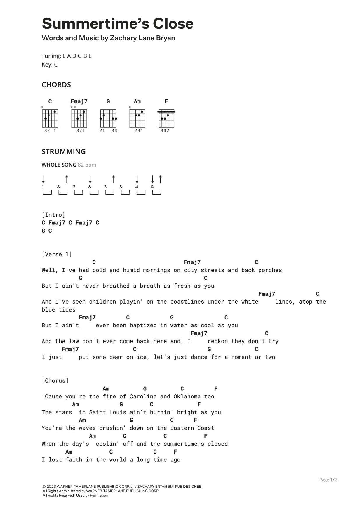 Zach Bryan Summertime's Close sheet music notes and chords arranged for Ultimate Guitar