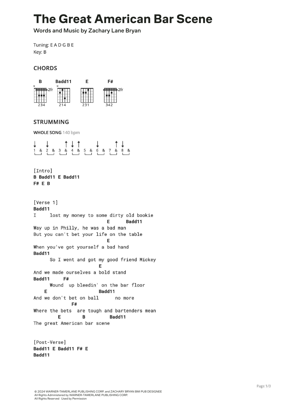 Zach Bryan The Great American Bar Scene sheet music notes and chords arranged for Ultimate Guitar