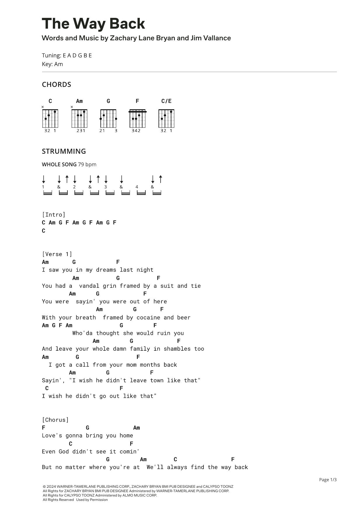 Zach Bryan The Way Back sheet music notes and chords arranged for Ultimate Guitar