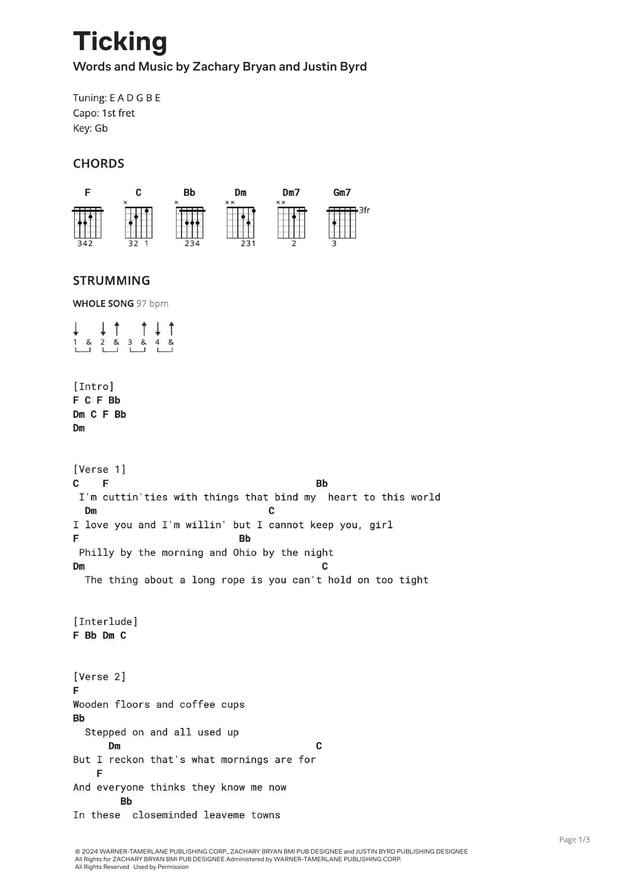 Zach Bryan Ticking sheet music notes and chords arranged for Ultimate Guitar