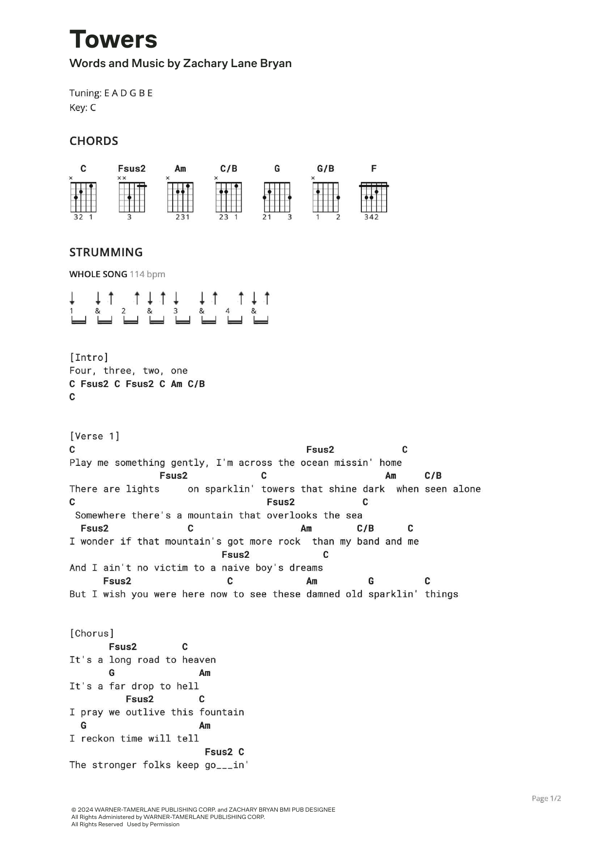 Zach Bryan Towers sheet music notes and chords arranged for Ultimate Guitar
