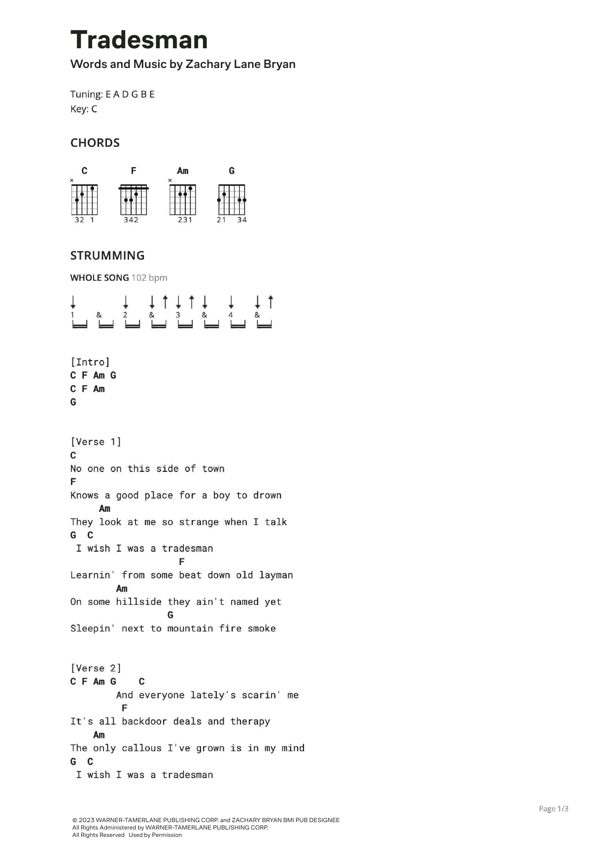 Zach Bryan Tradesman sheet music notes and chords arranged for Ultimate Guitar