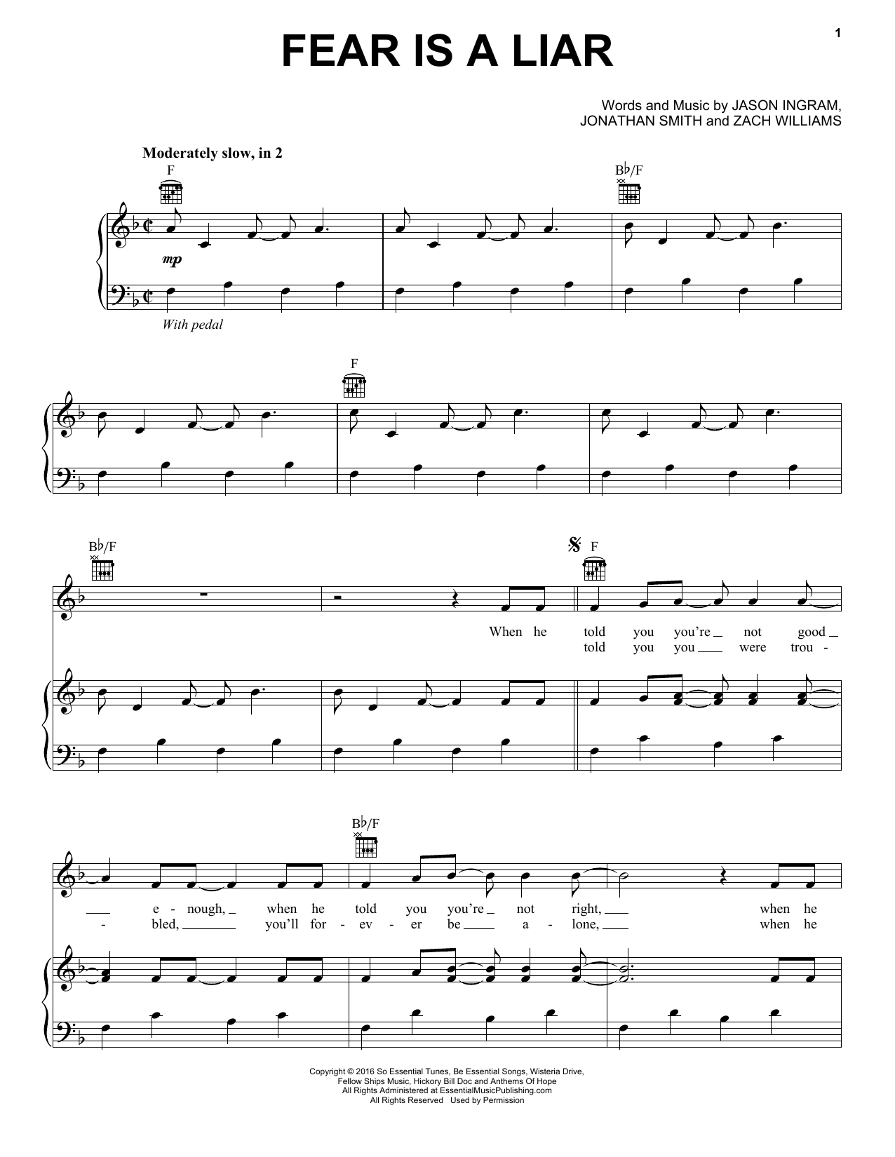 Zach Williams Fear Is A Liar sheet music notes and chords arranged for Piano, Vocal & Guitar Chords (Right-Hand Melody)