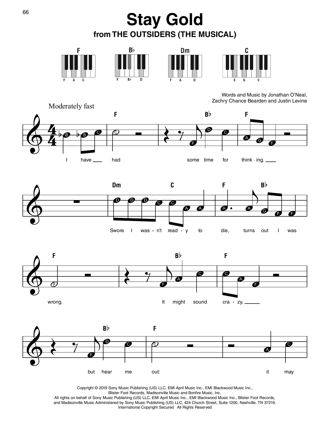Zachry Chance Bearden Stay Gold (from The Outsiders) sheet music notes and chords arranged for Super Easy Piano