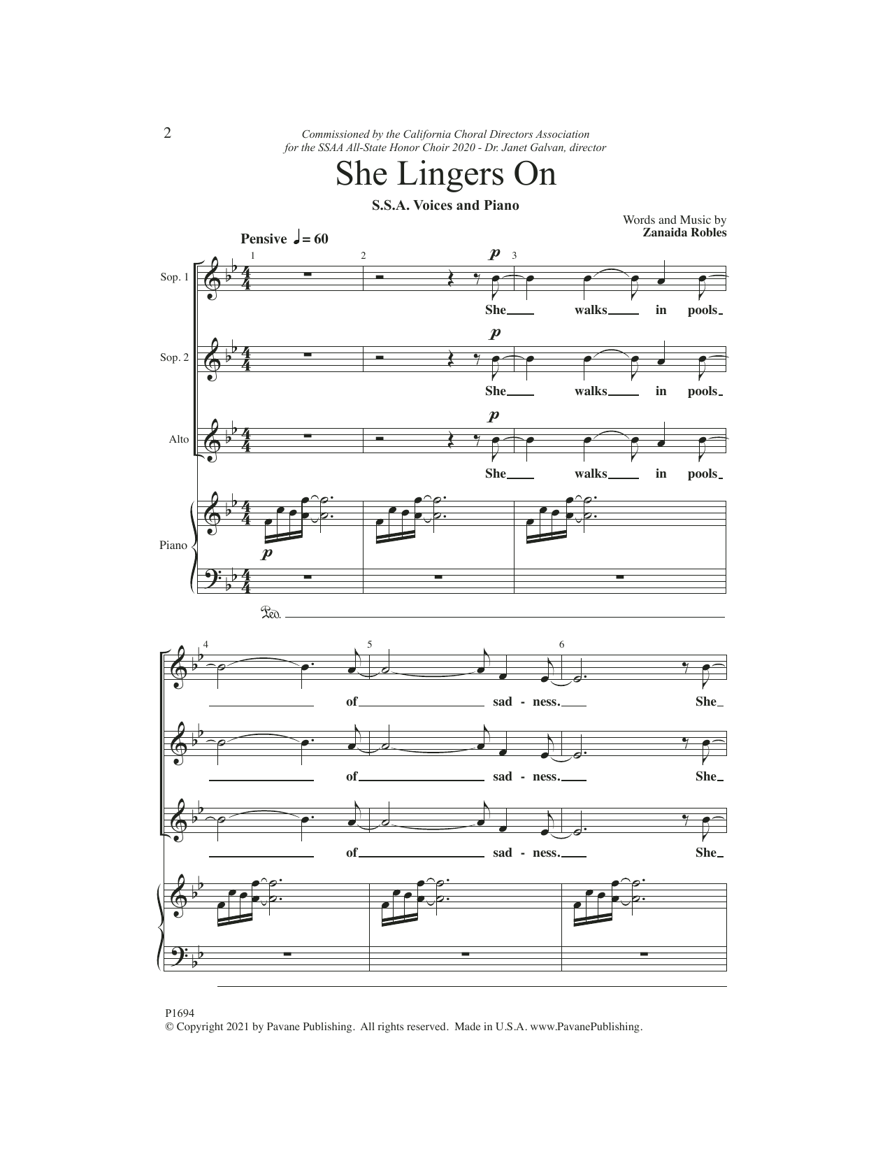 Zanaida Robles She Lingers On sheet music notes and chords arranged for SSA Choir