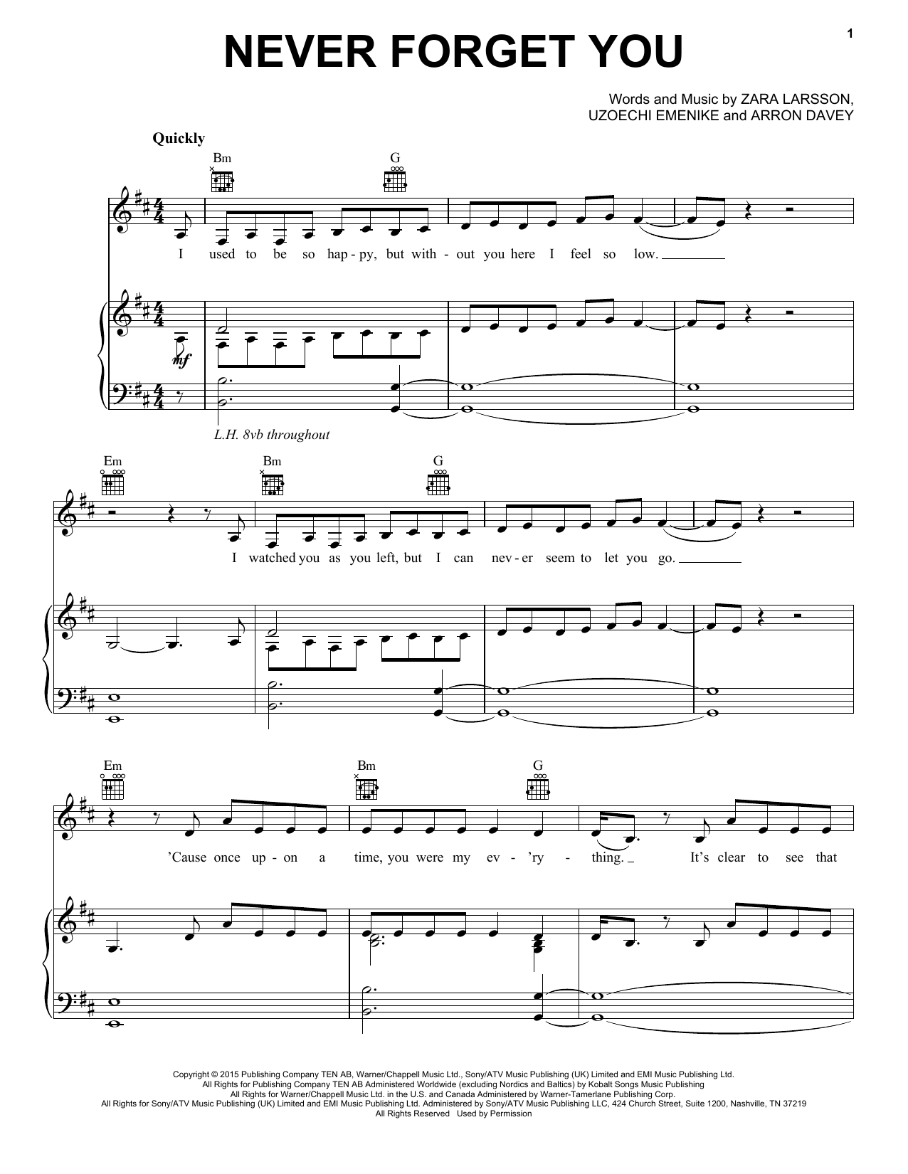 Zara Larsson & MNEK Never Forget You sheet music notes and chords arranged for Piano, Vocal & Guitar Chords (Right-Hand Melody)