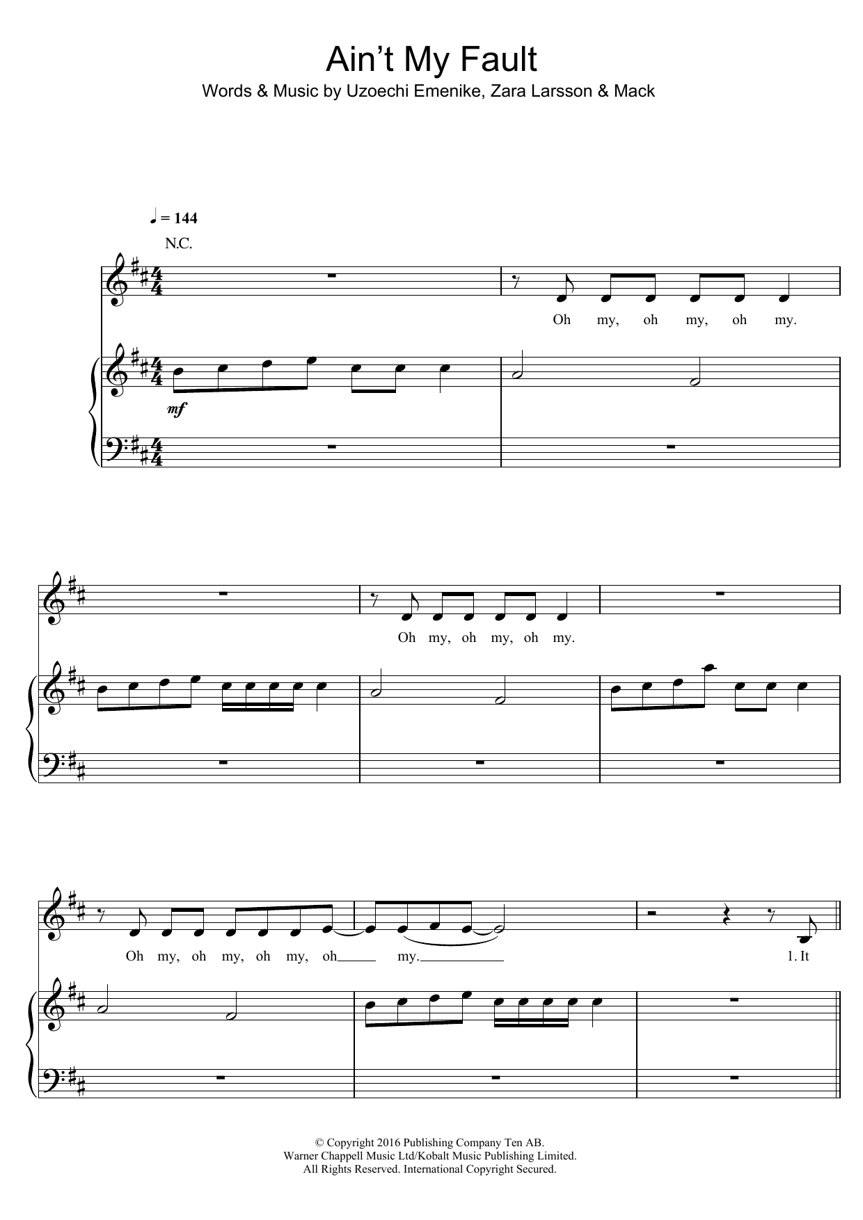 Zara Larsson Ain't My Fault sheet music notes and chords arranged for Piano, Vocal & Guitar Chords