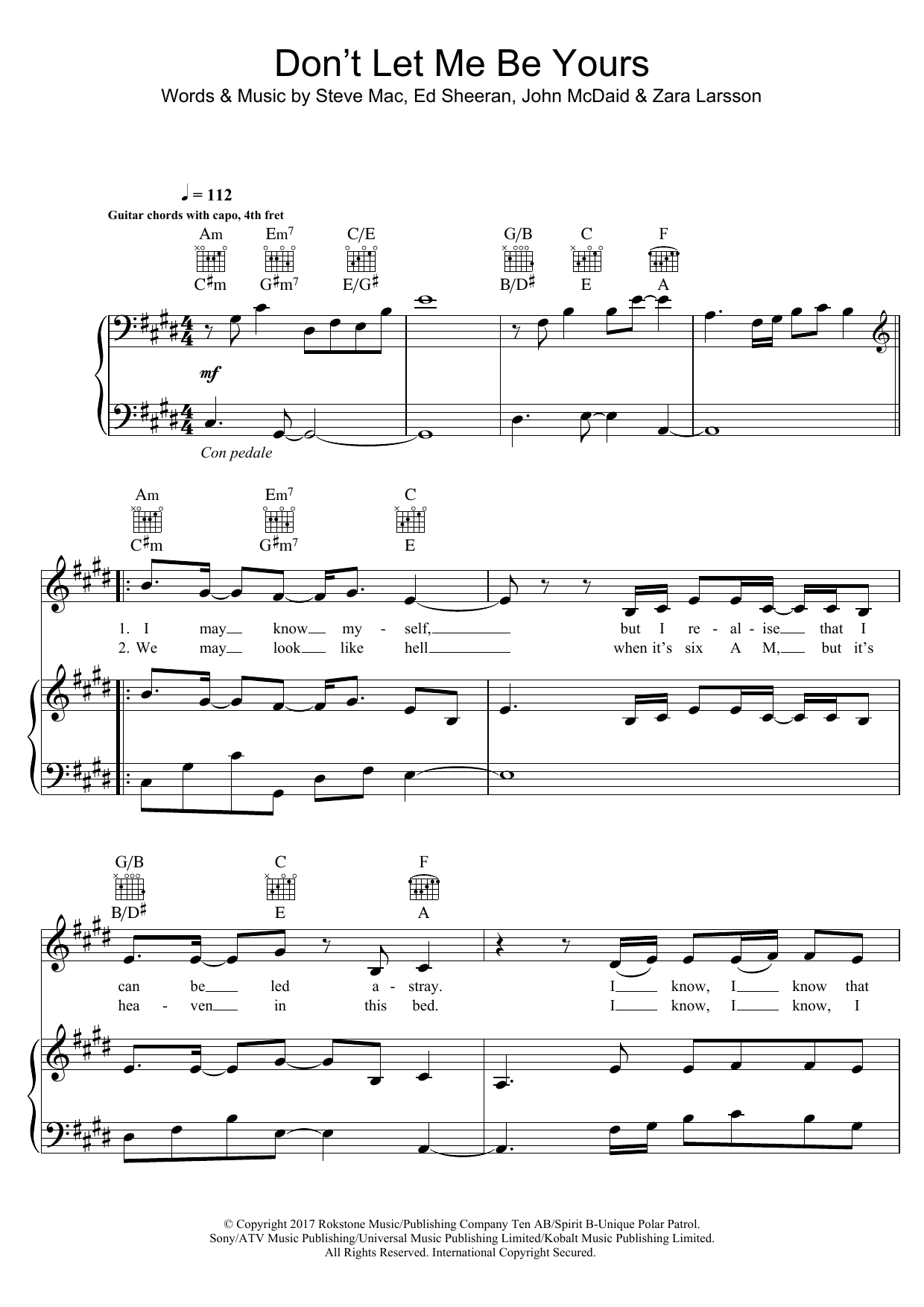 Zara Larsson Don't Let Me Be Yours sheet music notes and chords arranged for Piano, Vocal & Guitar Chords