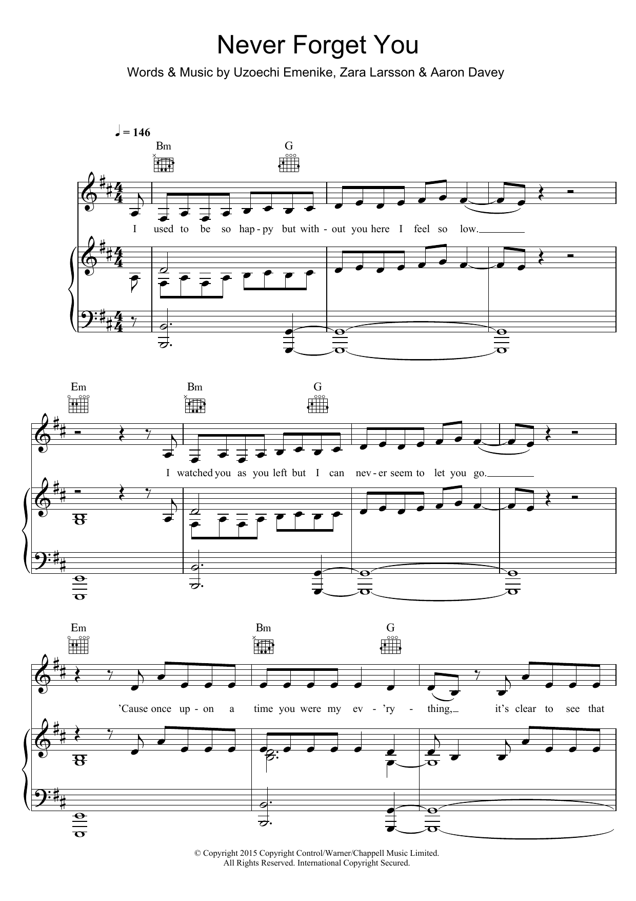 Zara Larsson Never Forget You sheet music notes and chords arranged for Piano, Vocal & Guitar Chords