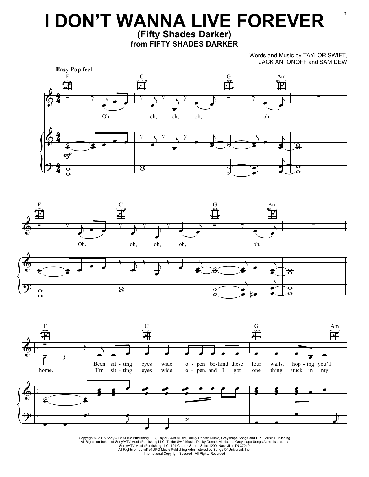 Zayn and Taylor Swift I Don't Wanna Live Forever sheet music notes and chords arranged for Piano, Vocal & Guitar Chords (Right-Hand Melody)
