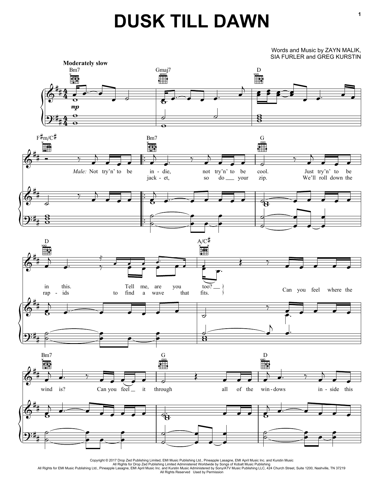 ZAYN feat. Sia Dusk Till Dawn sheet music notes and chords arranged for Piano, Vocal & Guitar Chords (Right-Hand Melody)