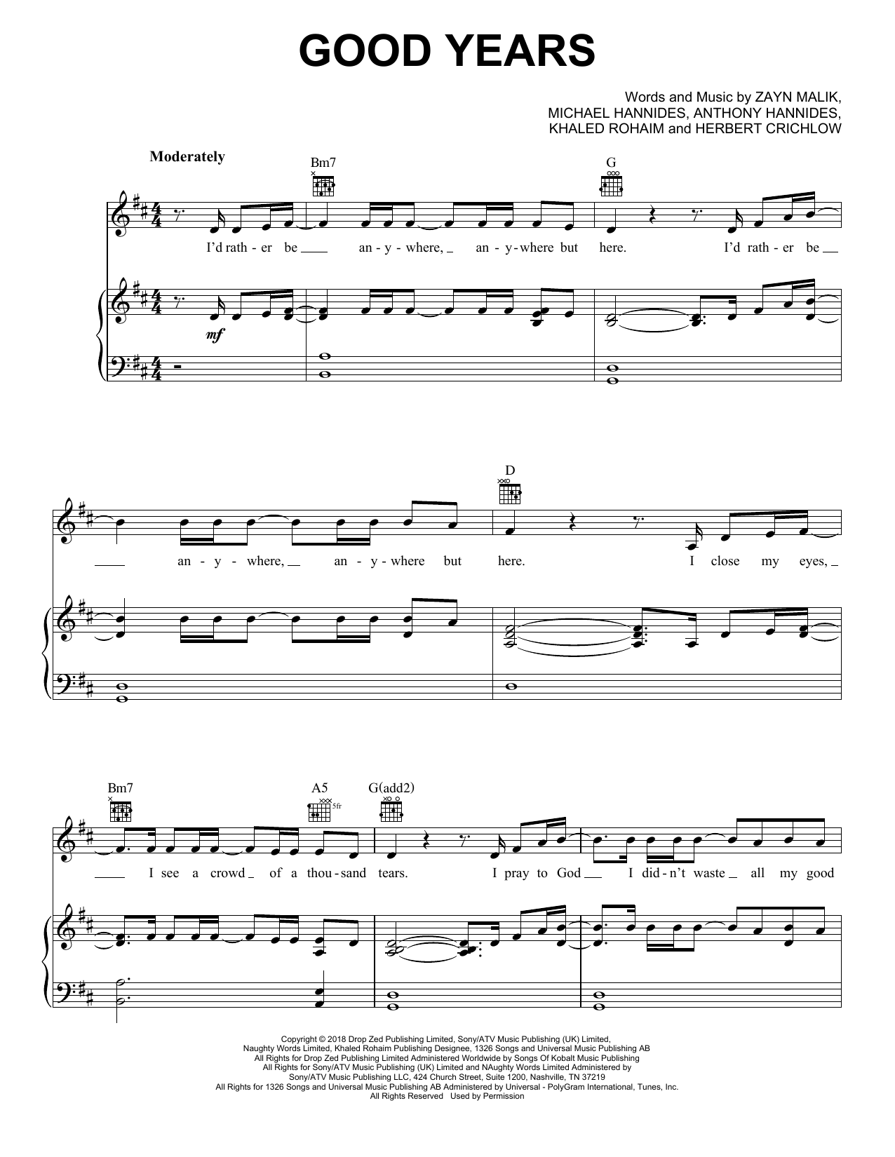 Zayn Good Years sheet music notes and chords arranged for Piano, Vocal & Guitar Chords (Right-Hand Melody)