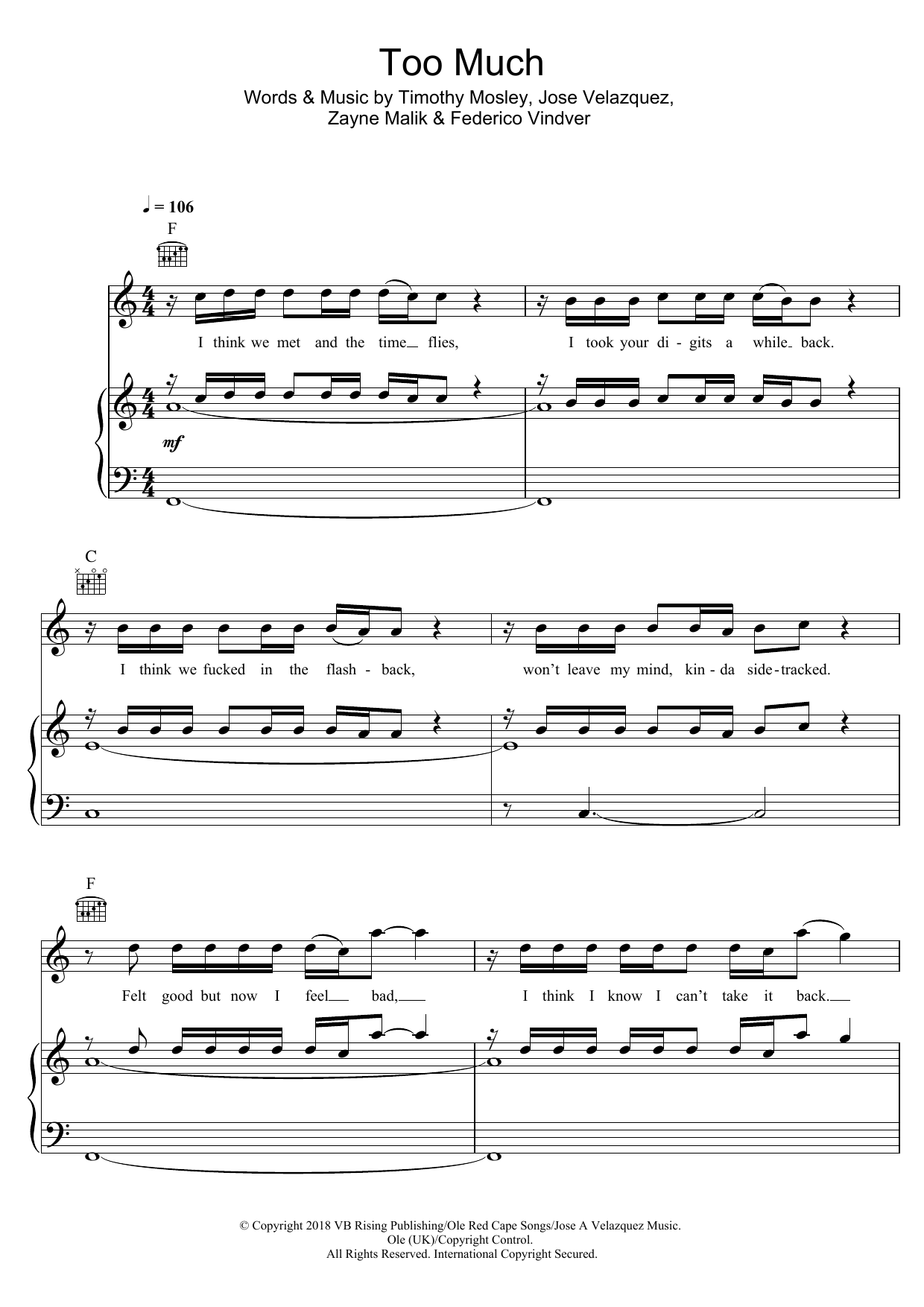 Zayn Too Much (featuring Timbaland) sheet music notes and chords arranged for Piano, Vocal & Guitar Chords (Right-Hand Melody)