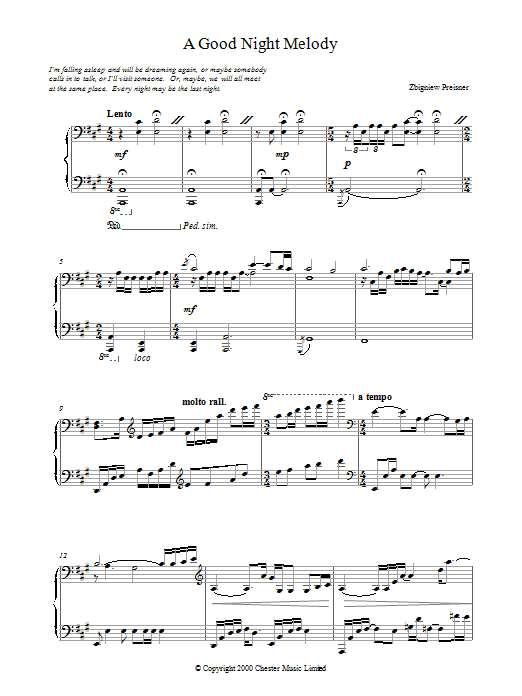 Zbigniew Preisner A Good Night Melody sheet music notes and chords arranged for Piano Solo