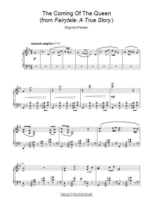 Zbigniew Preisner The Coming Of The Queen (from Fairytale: A True Story) sheet music notes and chords arranged for Piano Solo