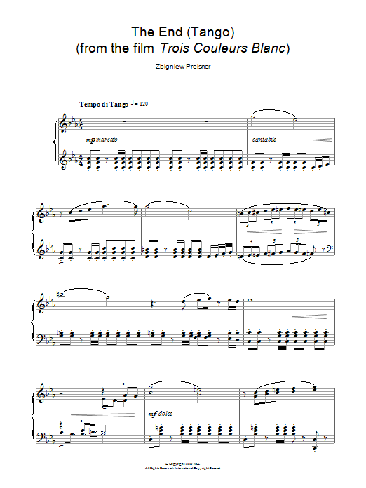 Zbigniew Preisner The End (Tango) (from Trois Couleurs Blanc) sheet music notes and chords arranged for Piano Solo
