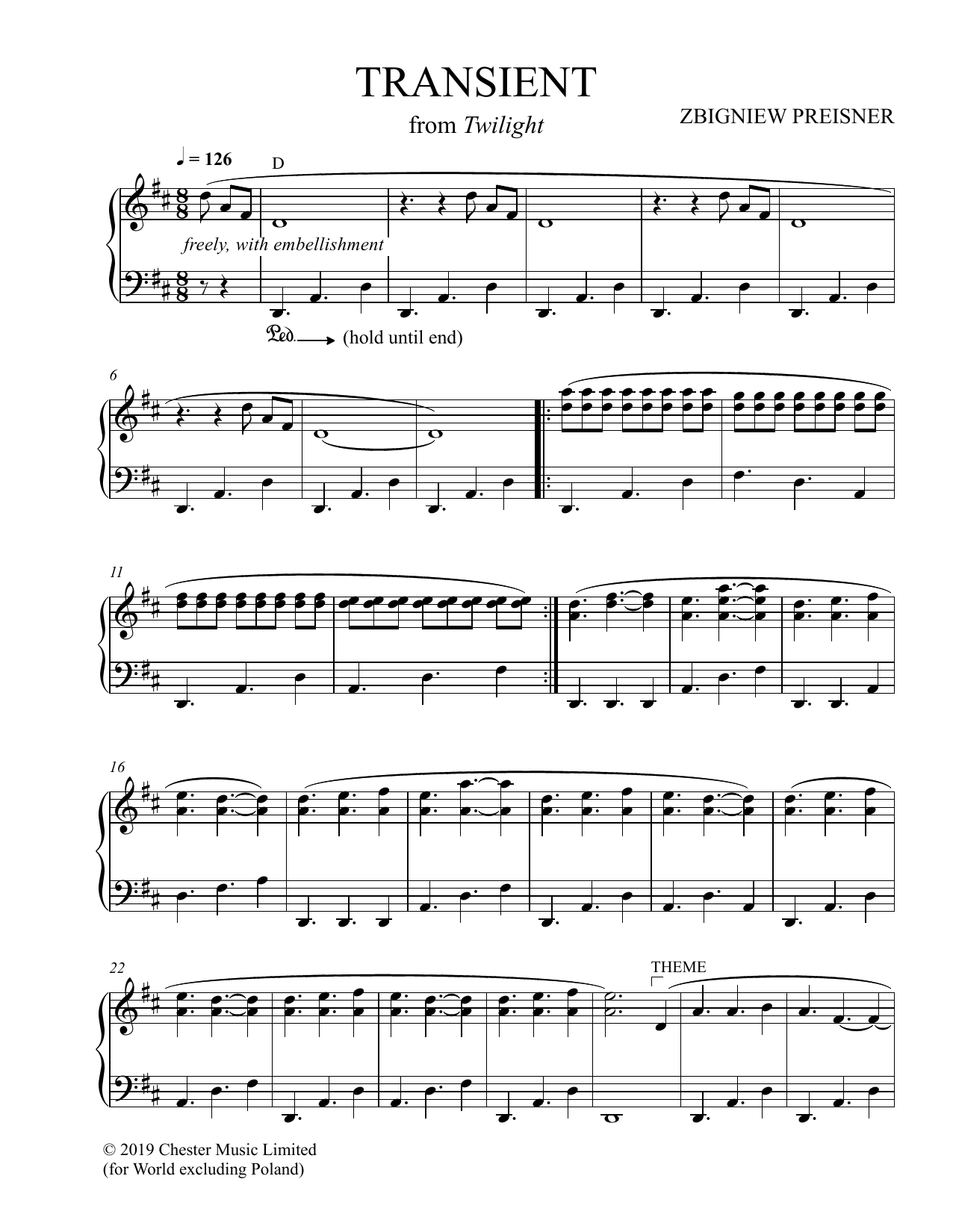 Zbigniew Preisner Transient sheet music notes and chords arranged for Piano Solo