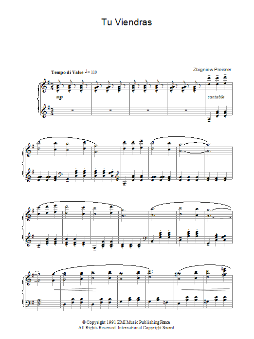 Zbigniew Preisner Tu Viendras (from La Double Vie De Veronique) sheet music notes and chords arranged for Piano Solo