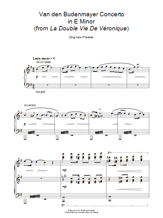 Zbigniew Preisner Van Den Budenmayer Concerto In E Minor (from La Double Vie De Veronique) sheet music notes and chords arranged for Piano Solo