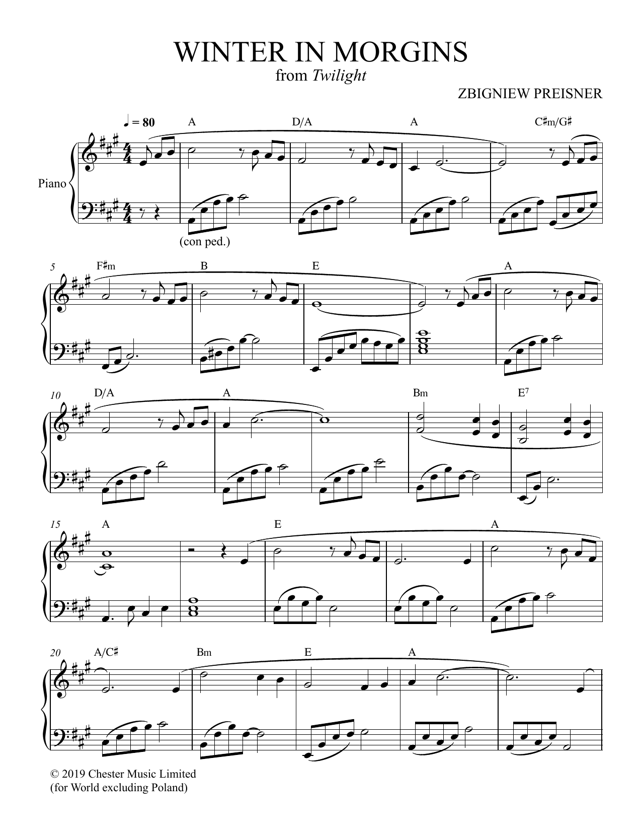 Zbigniew Preisner Winter In Morgins sheet music notes and chords arranged for Piano Solo