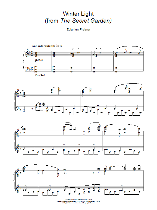 Zbigniew Preisner Winter Light (from The Secret Garden) sheet music notes and chords arranged for Piano Solo