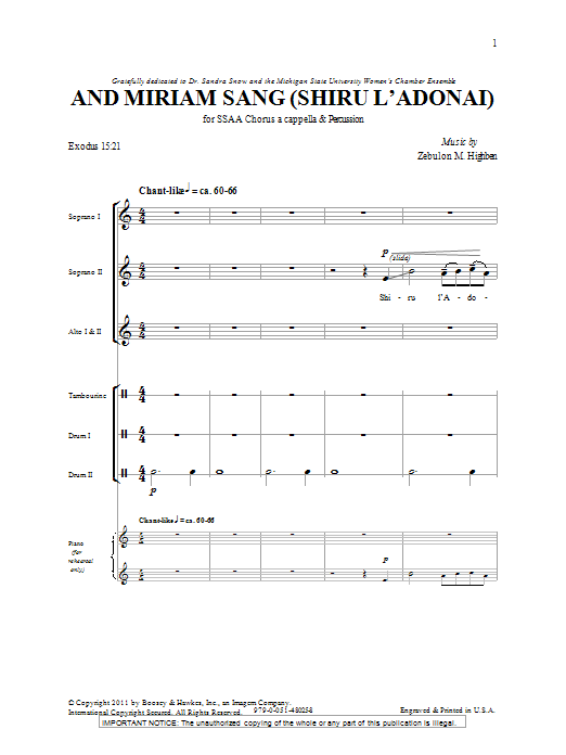 Zebulon M. Highben And Miriam Sang (Shiru L'Adonai) sheet music notes and chords arranged for SSA Choir