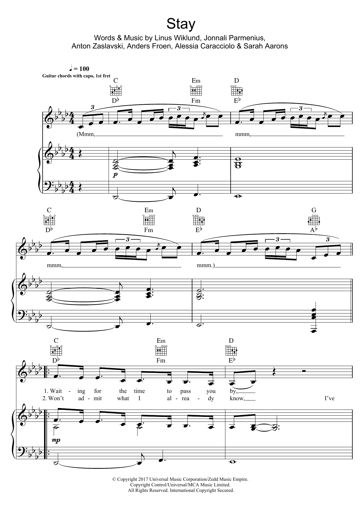 Zedd & Alessia Cara Stay sheet music notes and chords arranged for Piano, Vocal & Guitar Chords