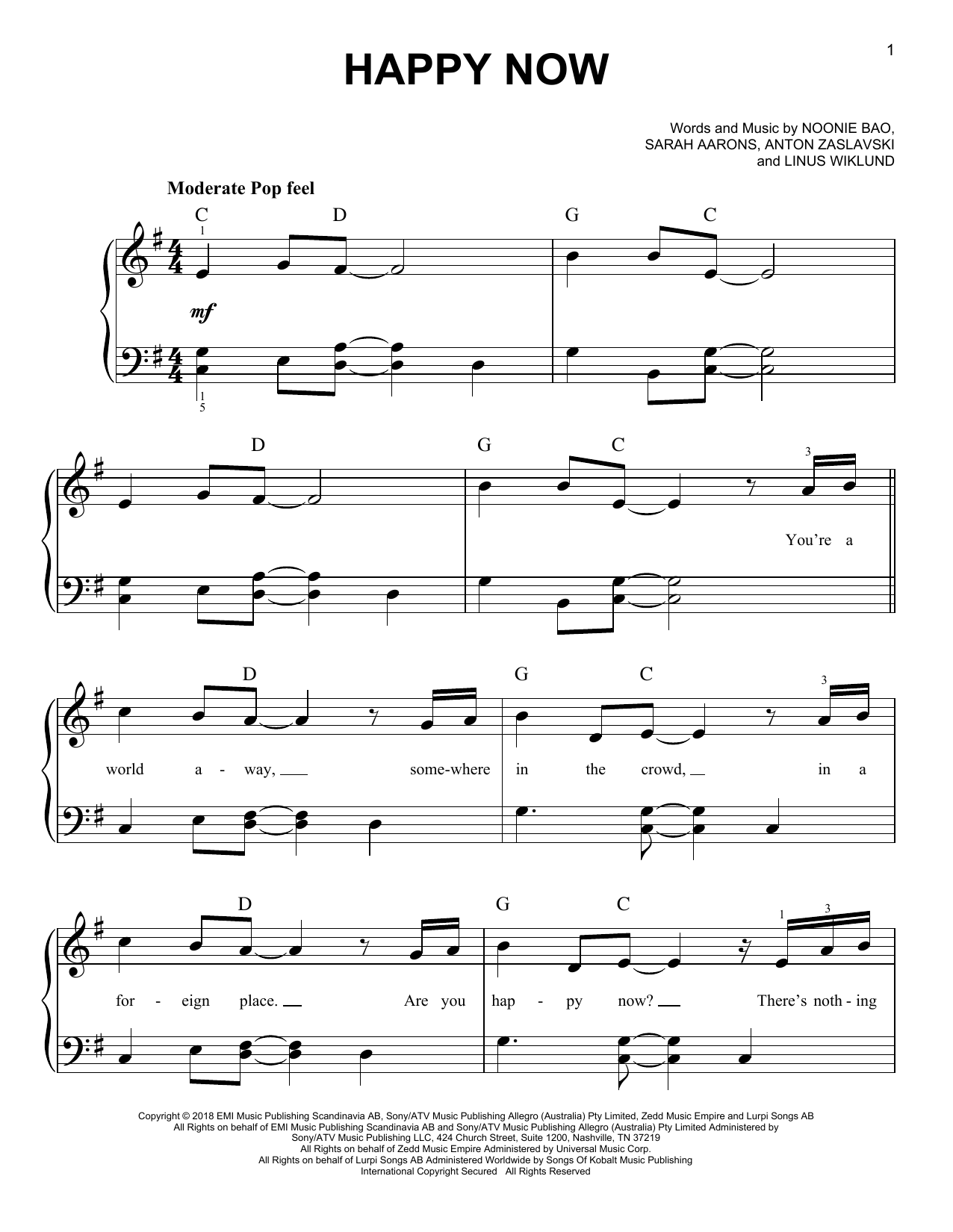 Zedd & Elley Duhé Happy Now (feat. Elley Duhé) sheet music notes and chords arranged for Easy Piano