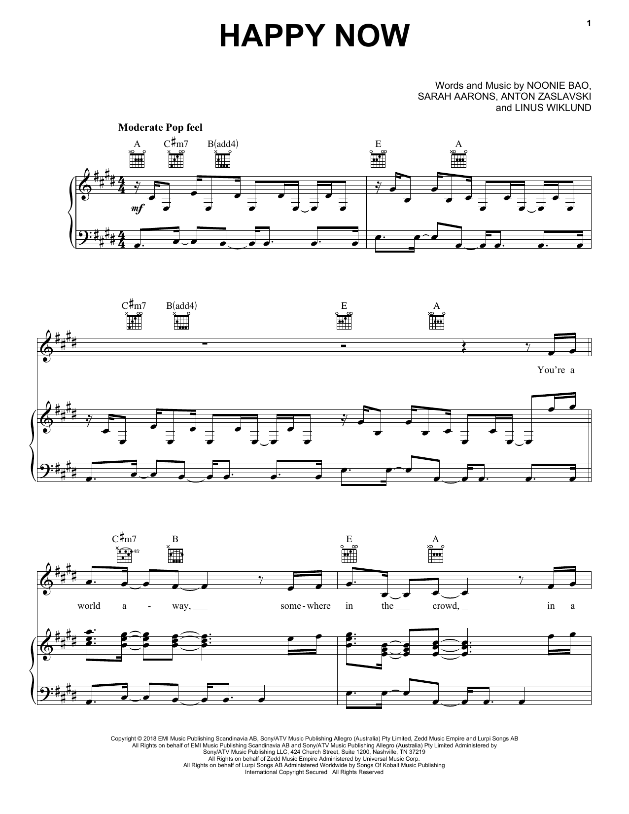 Zedd & Elley Duhé Happy Now sheet music notes and chords arranged for Piano, Vocal & Guitar Chords (Right-Hand Melody)
