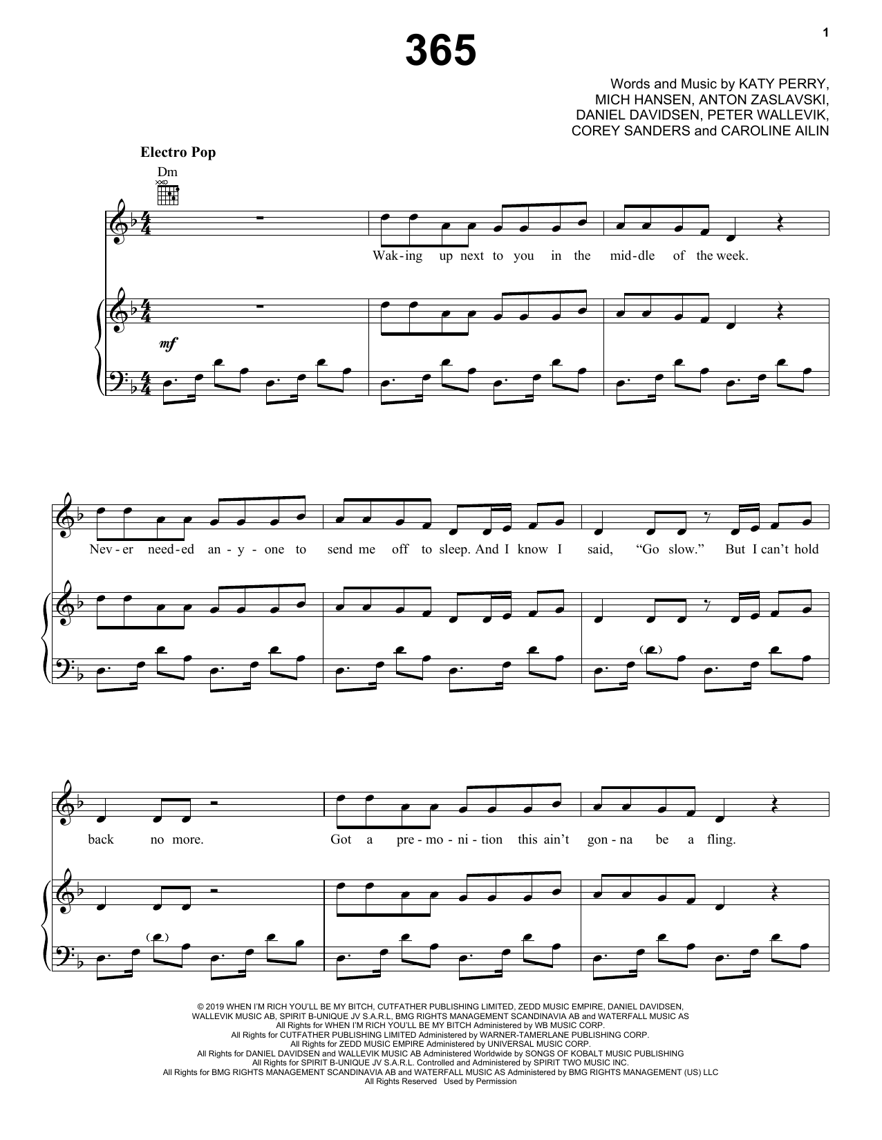 Zedd & Katy Perry 365 sheet music notes and chords arranged for Piano, Vocal & Guitar Chords (Right-Hand Melody)