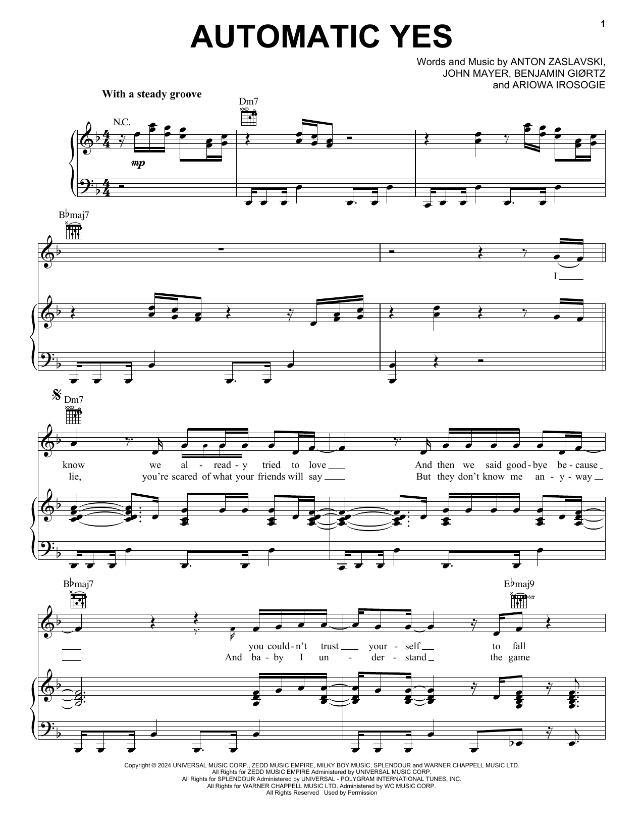Zedd Automatic Yes (feat. John Mayer) sheet music notes and chords arranged for Piano, Vocal & Guitar Chords (Right-Hand Melody)
