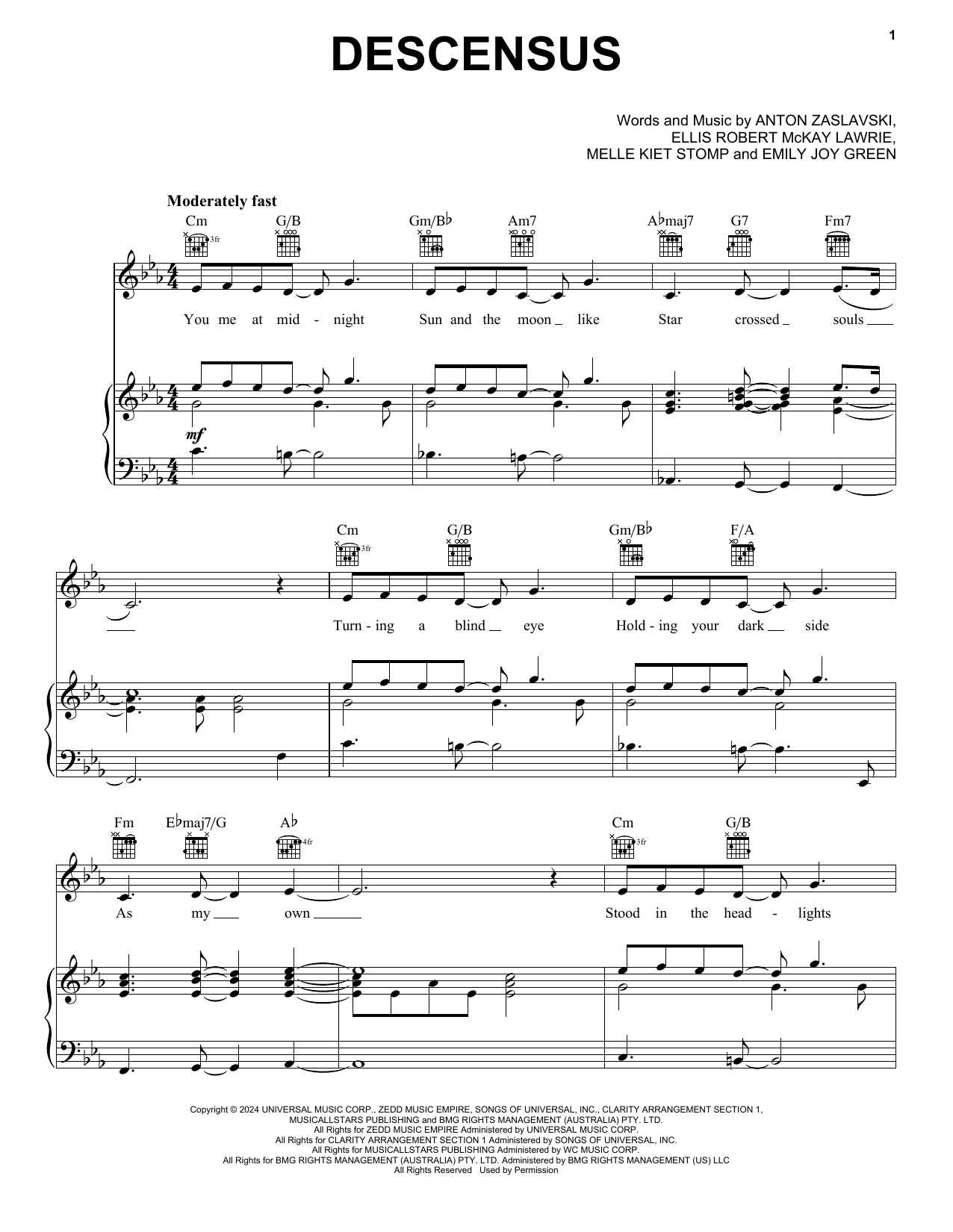 Zedd Descensus (feat. Dora Jar) sheet music notes and chords arranged for Piano, Vocal & Guitar Chords (Right-Hand Melody)