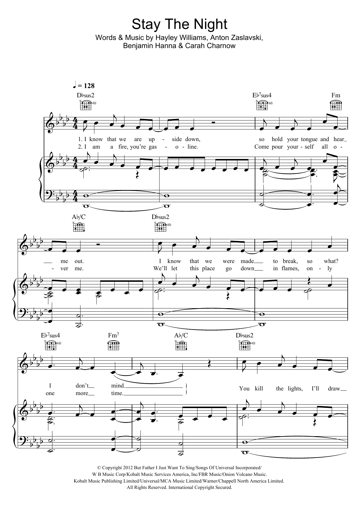 Zedd feat. Hayley Williams Stay The Night sheet music notes and chords arranged for Piano, Vocal & Guitar Chords