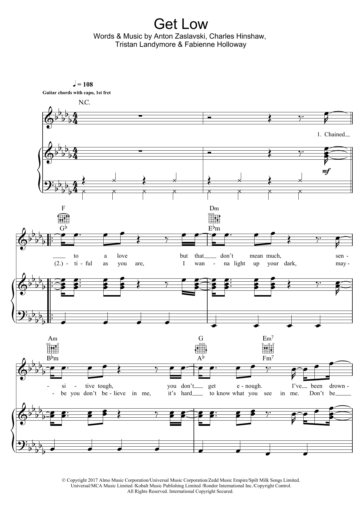 Zedd Get Low sheet music notes and chords arranged for Piano, Vocal & Guitar Chords