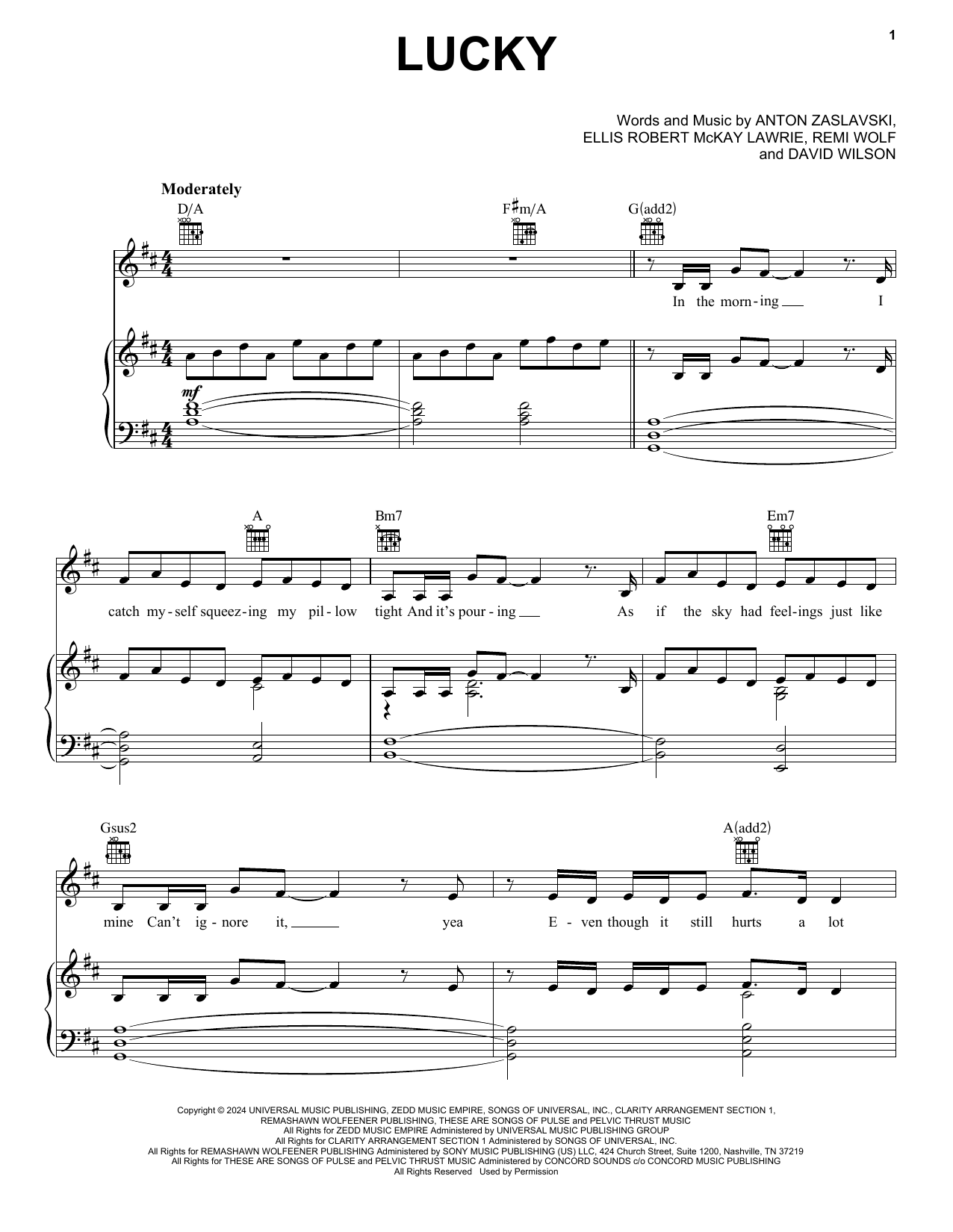 Zedd Lucky (feat. Remi Wolf) sheet music notes and chords arranged for Piano, Vocal & Guitar Chords (Right-Hand Melody)